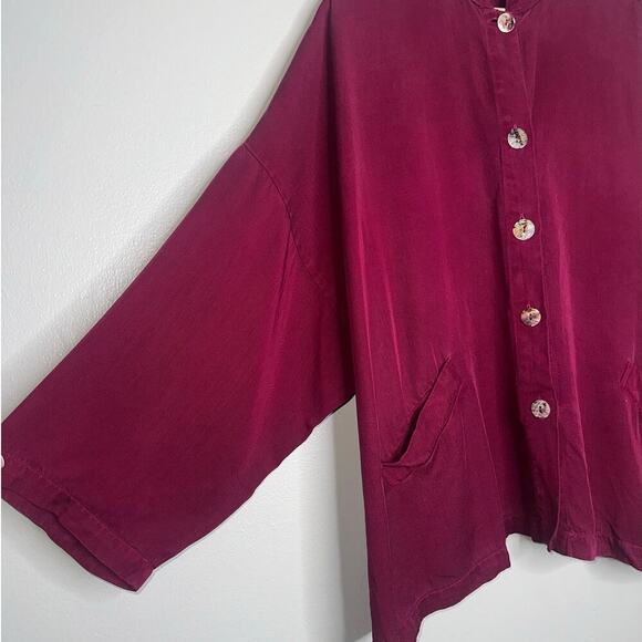 Bryn Walker Long Sleeve Button Up Blouse Dark Burgundy Size Medium Boxy Pockets - Picture 3 of 7